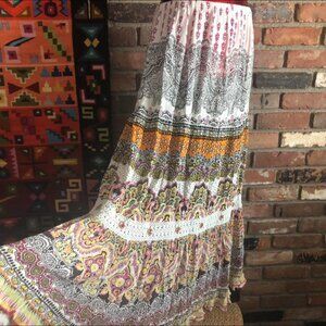 Forbidden Los Angeles. Boho Hippie Maxi Crinkle Broomstick Gems Festival Skirt